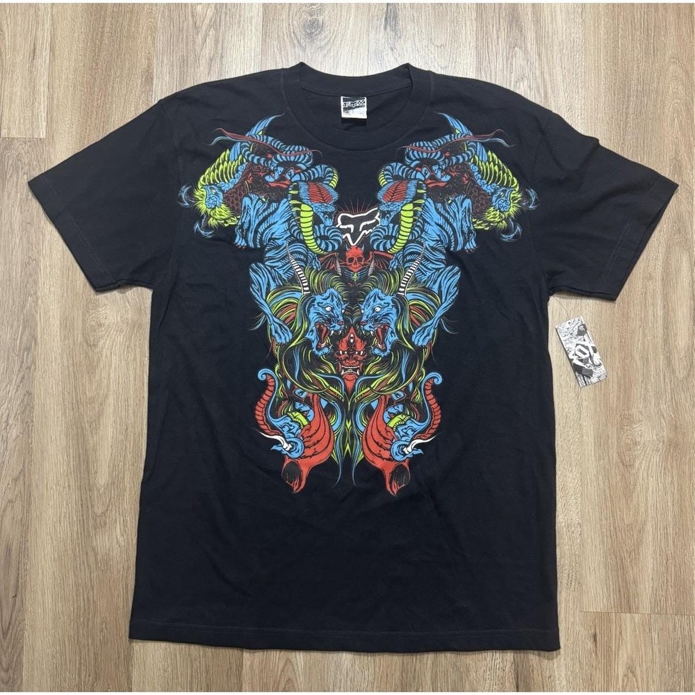 Y2K Fox Racing‎ Dragon Lion Elephant Black T Shirt Size L